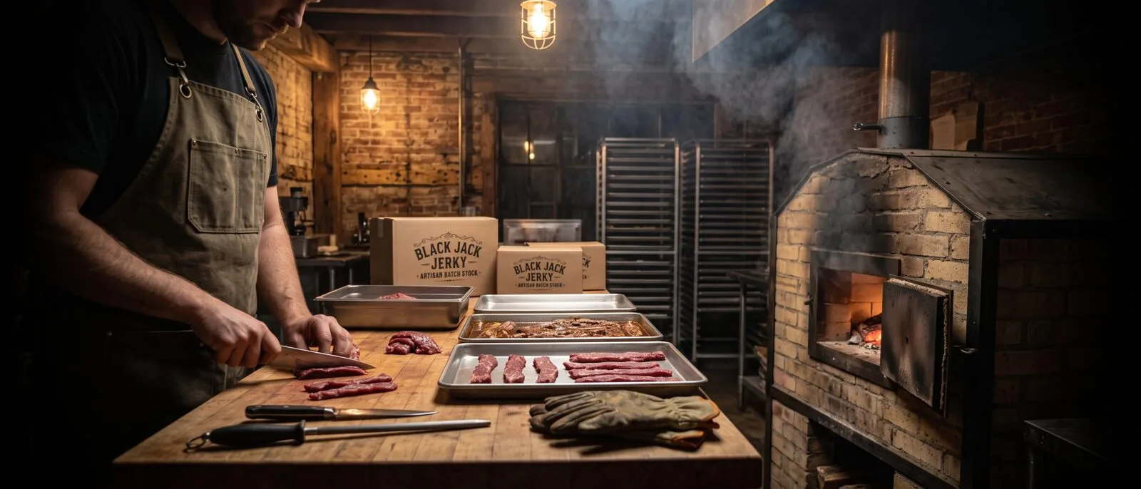 Hand-trimming beef in the smokehouse kitchen