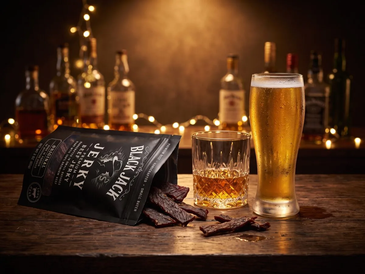 Drinks & jerky on the bar